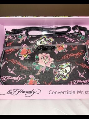 Ed Hardy Black Floral & Skull Convertible Wristlet